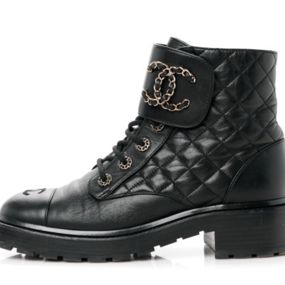 Chanel Black Combat Boots with Quilted Leather and CC Logo